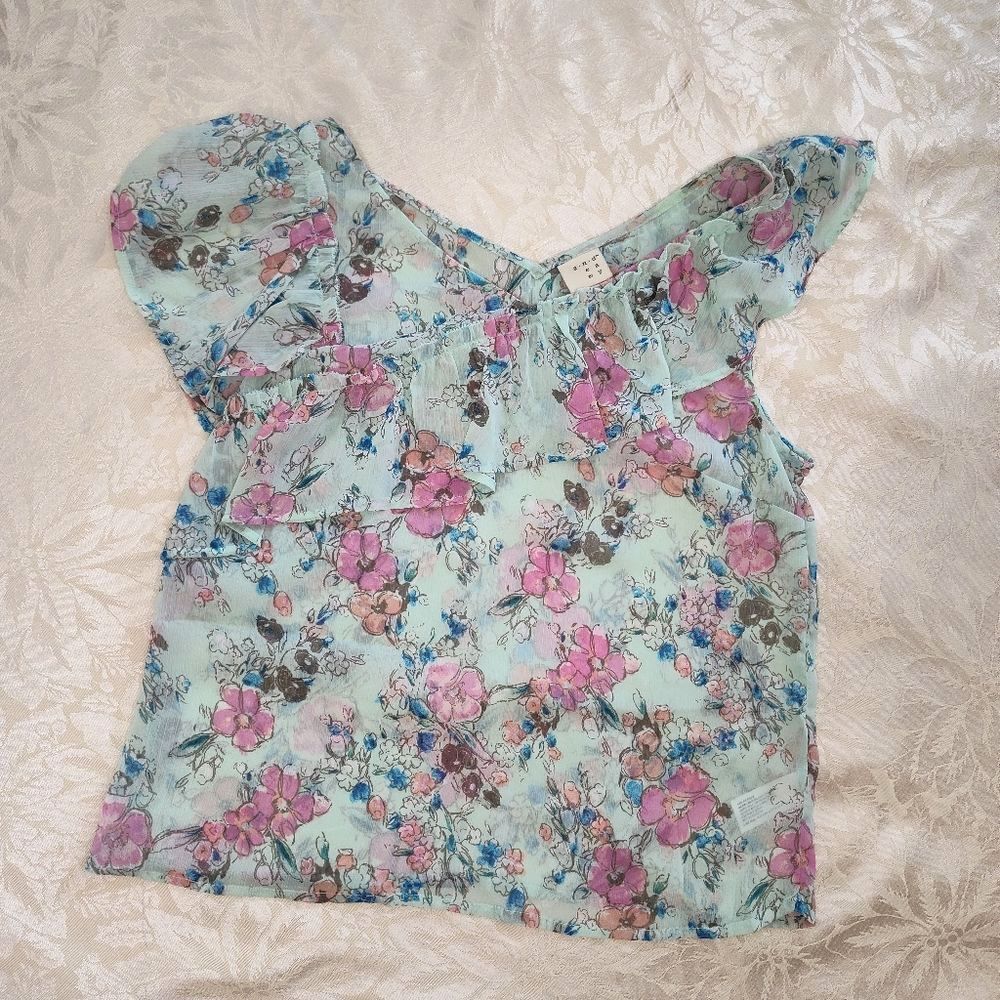 A New Day Floral Sheer Ruffle Cap Sleeve Flowy Blouse Womens XS Green Blue Pink